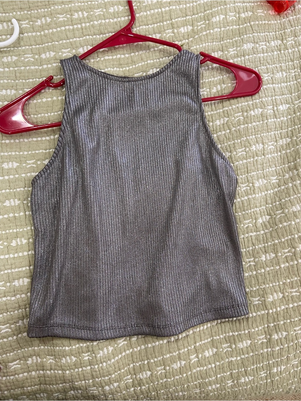 Ribbed Metallic High-Neck Tank Top - Silver